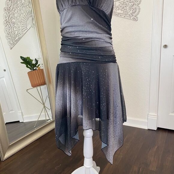 GRACE Silver Black Sequin Glitter Witchy Vampy Asymmetric Gothic Dress L - Picture 3 of 8